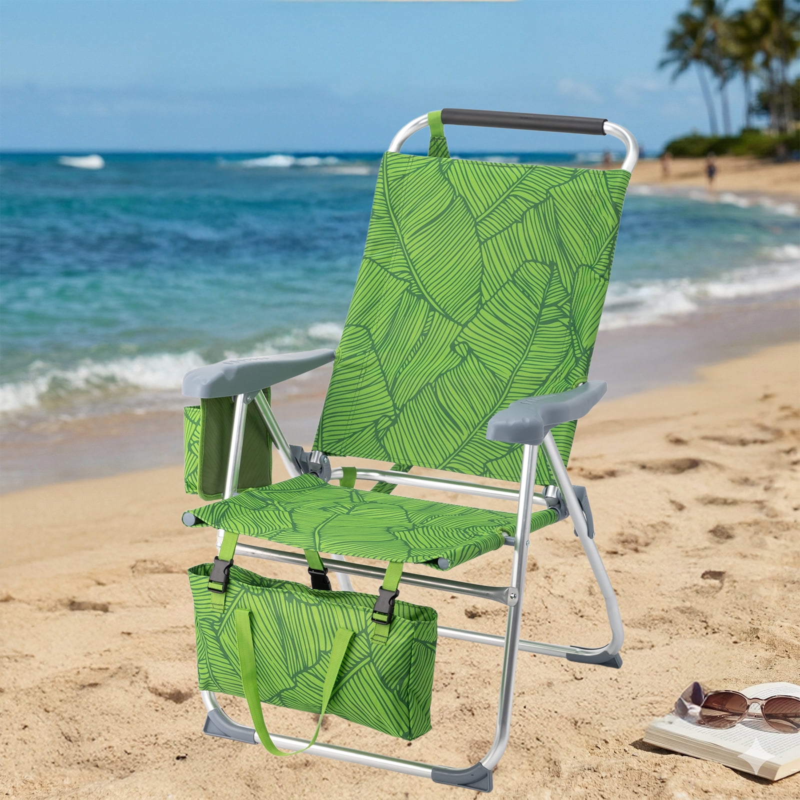 17" High Seat Folding Beach Chair, 7 Position Adjustable Recline Lounge Chair with Padded Headrest, Aluminum Frame Supports 265lbs with Cup Holder Side Pocket & Detachable Storage Tote