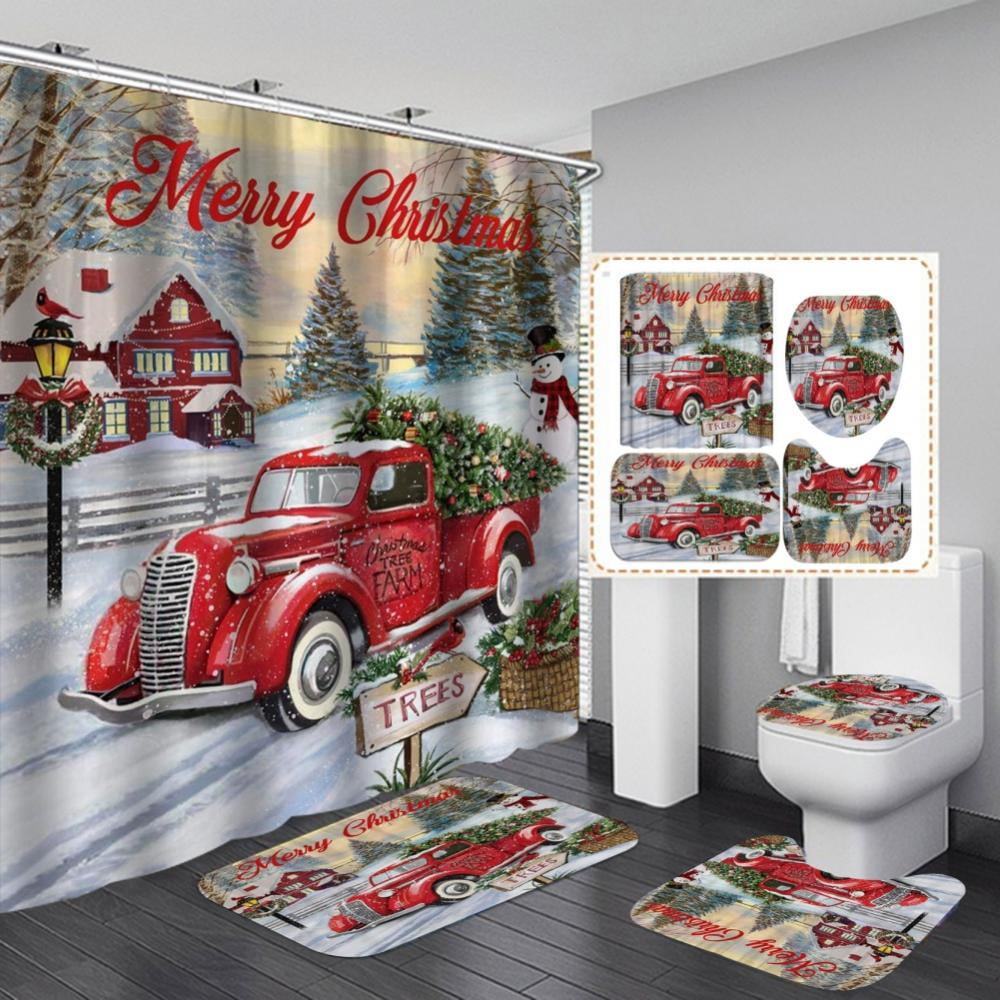 Christmas Tree Truck Shower Curtain Toilet Cover Rug Bath Mat Contour Rug Set 