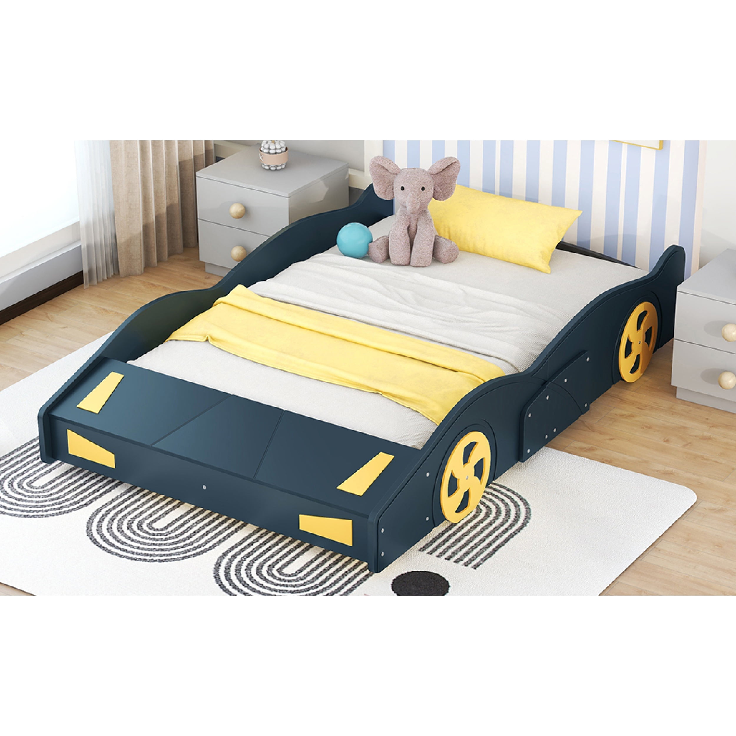 Full Size Race Car-Shaped Platform Bed with Wheels and Storage, Dark Blue&Yellow 60AAC