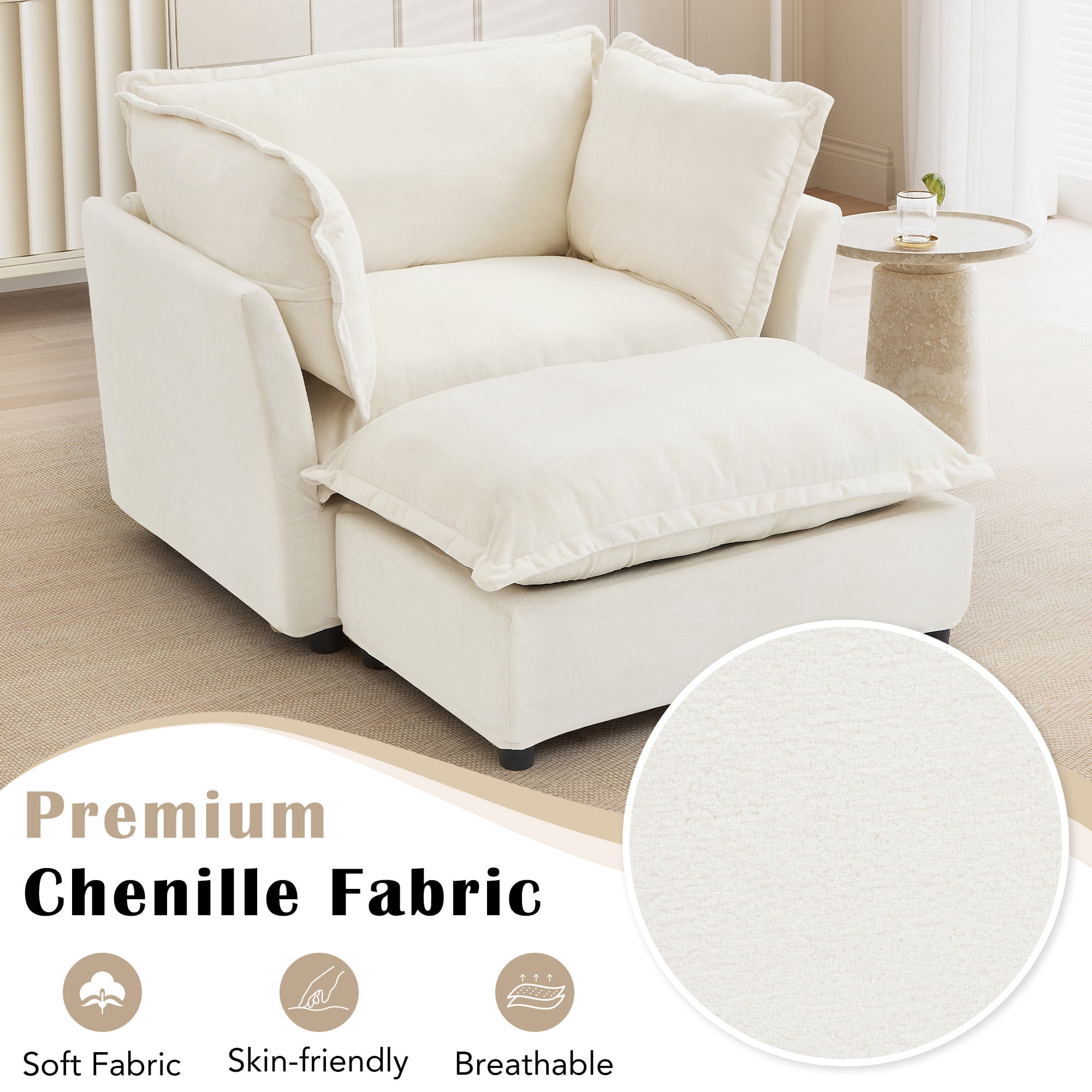 45.2" Armchair Sofa Cozy Upholstered Sofa Chair with Ottoman, 39" Wide Seat and 2 Pillows