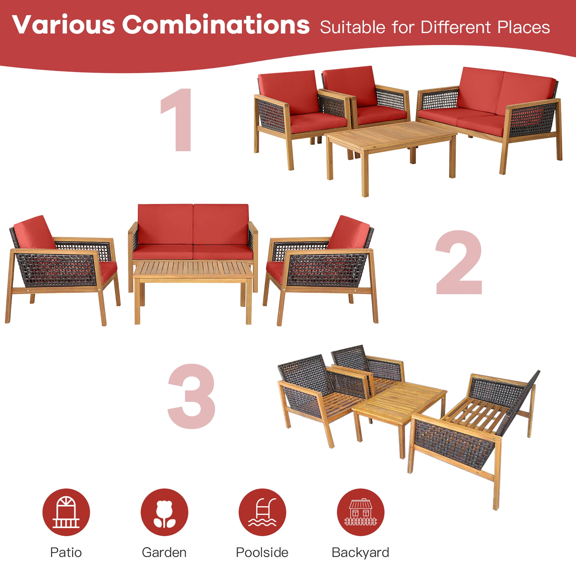 Costway 4PCS Patio Rattan Furniture Set Acacia Wood Cushioned Sofa Red