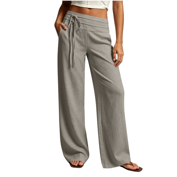 Guluxicc Women's Linen Pants with Pockets Elastic Waist Drawstring Wide Leg Trousers for Everyday Wear Summer Casual Outfits