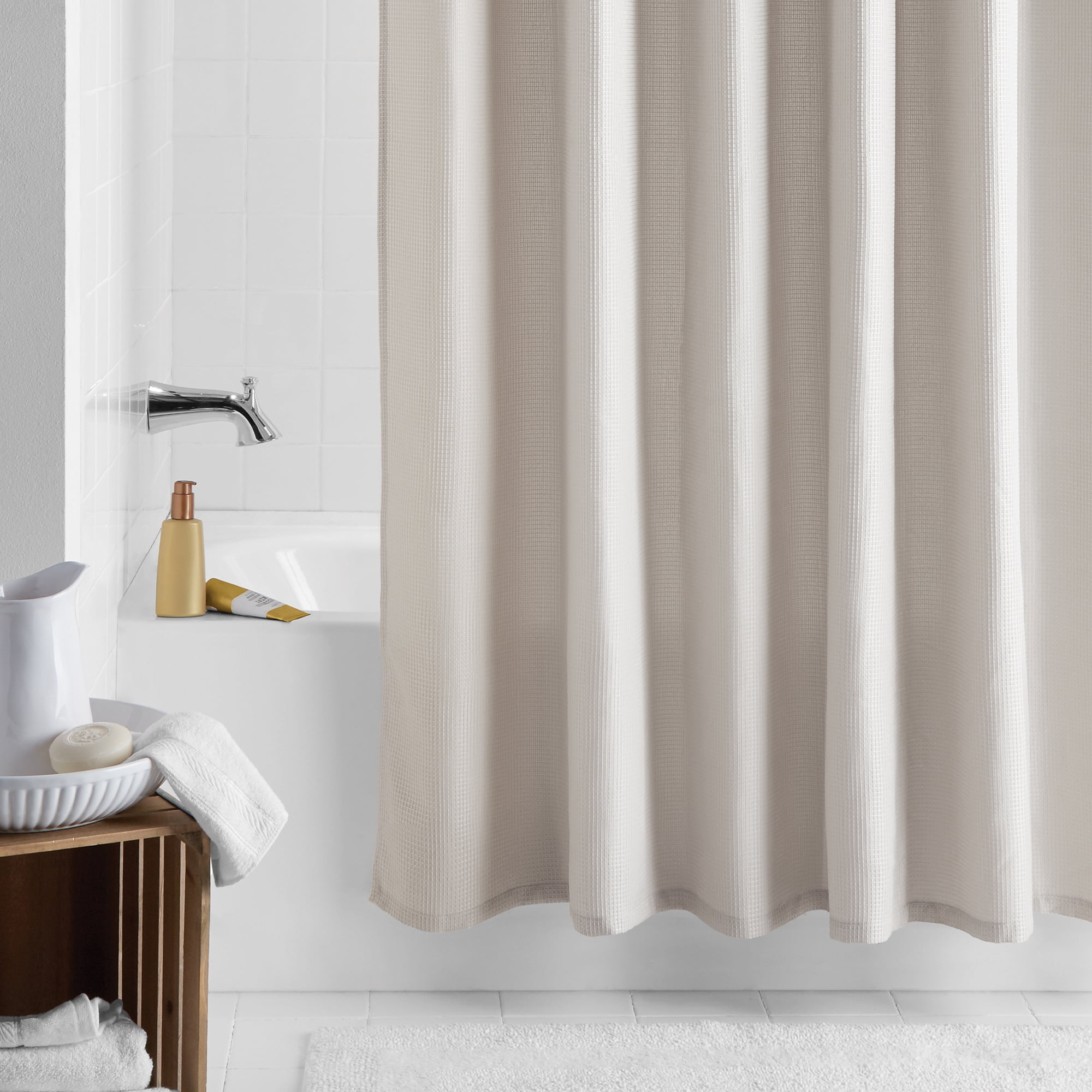 Mainstays Waffle-Weave Fabric Shower Curtain, Textured Cotton Blend with Recycled Polyester, 72 in x 72 in