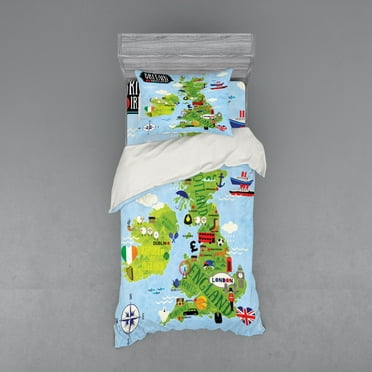 Ambesonne Cartoon Bedding Set 3 Pcs, Maps of Britain Ireland, Twin, Pale Blue Apple Green