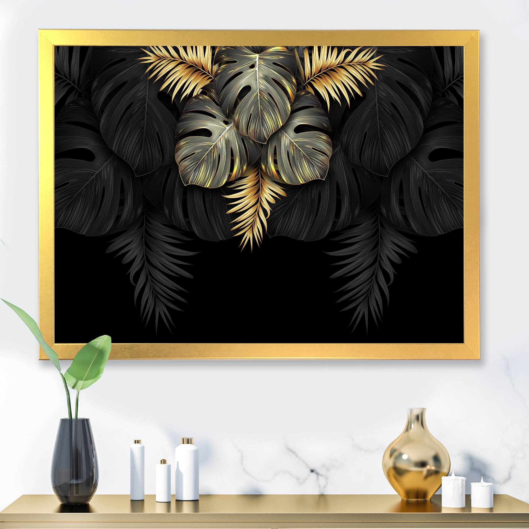 Designart 'Gold and Black Tropical Leaves IV' Modern Framed Art Print