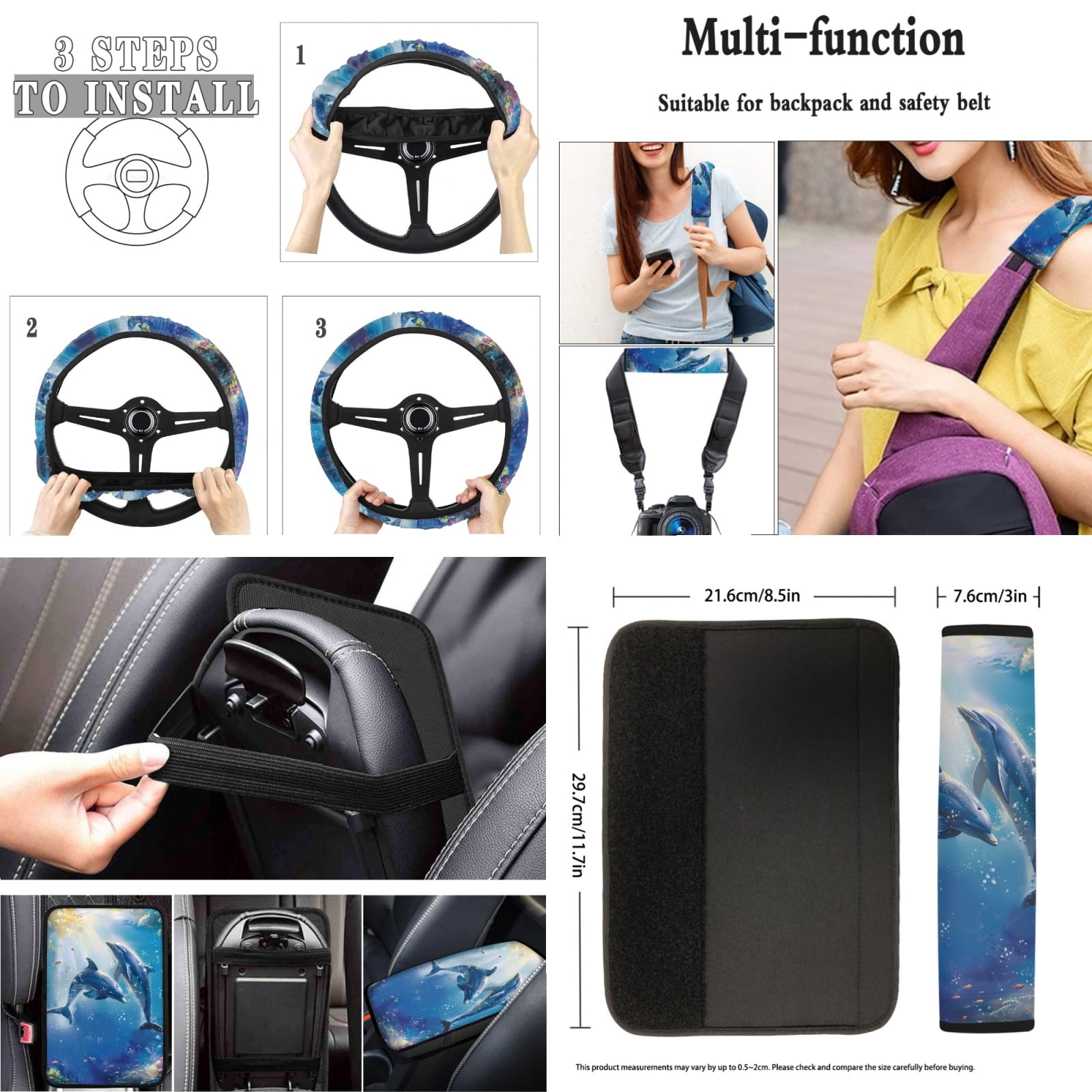 Jeiento Dolphin Car Seat Cover Full Set 17 Pack Car Floor Mats Steering Wheel Cover Keychains Seatbelt Pad Armrest Cover Cup Coasters Blue Ocean Lipstick Holder Universal Fit for SUV Sedan Van