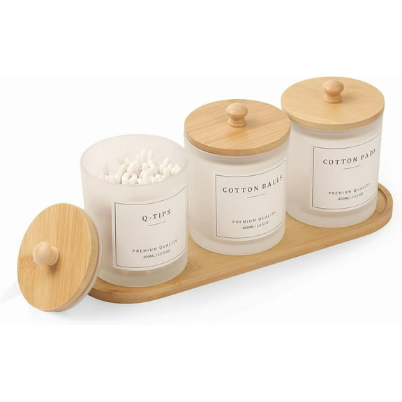 CozyNestF 3 Pack Qtip Holder-Bathroom Organizers and Storage,Cotton Round Holder Cotton Swab Dispenser Cotton Ball Holder with Tray,Glass Apothecary Jars with Lids,Bathroom Containers for Floss Pick