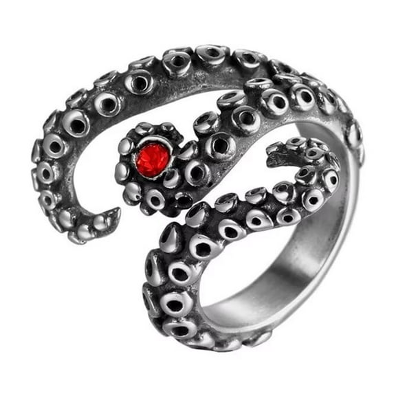 PAMTIER Unisex Stainless Steel Personality Vintage Punk Octopus Opening Finger Ring Red Gemstone Tentacle Nautical Sea Monster Squid Silver Size 7