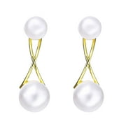 Mightlink 1 Pair Women Earrings French Style Retro Elegant Golden-plated Hypoallergenic Gift Fashion Jewelry High Gloss Faux Pearl Cross Ladies Earrings for Party