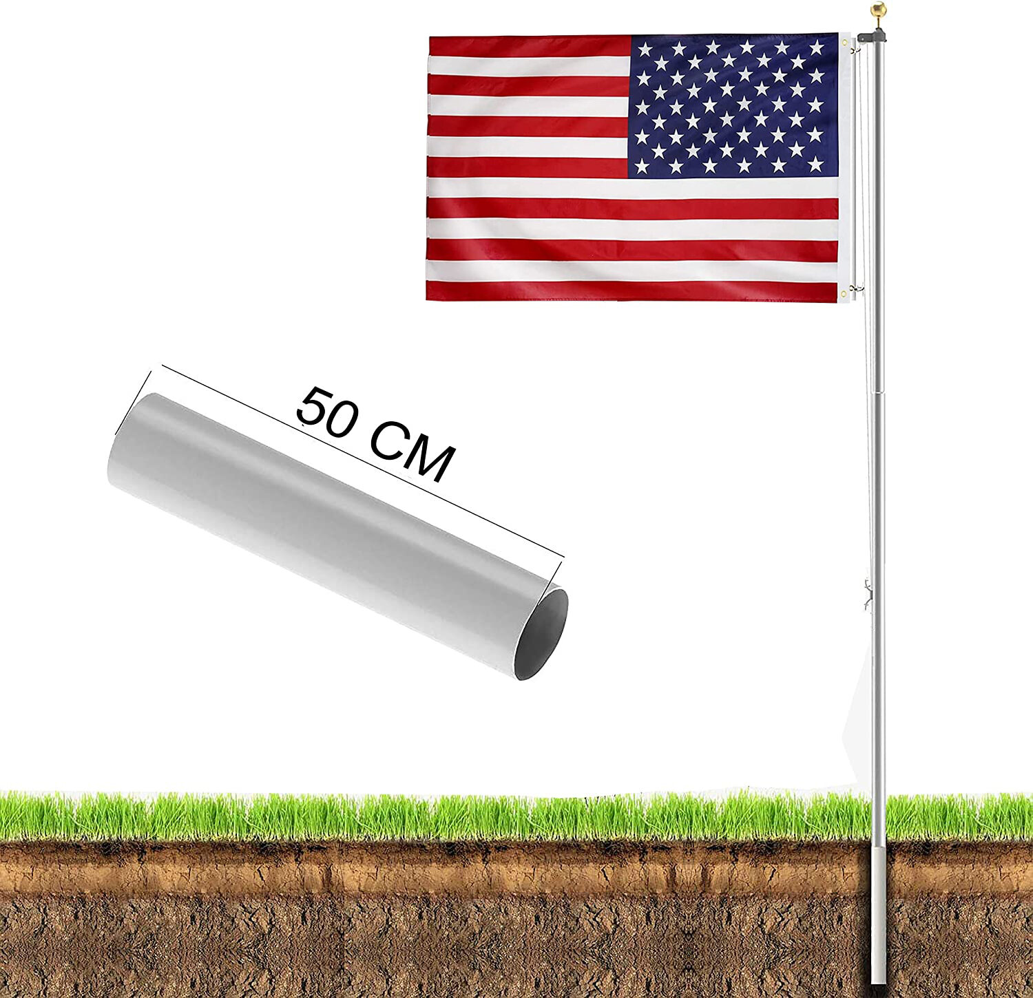 , 20FT Flag Pole, Silver ,Aluminium , 20FT Flag Pole