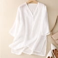 thumbnail image 4 of ShomPort Cotton Linen Blouses for Women V Neck 3/4 Sleeve Fall Tops Solid Loose Basic Shirts, 4 of 7
