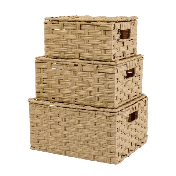 Wicker Storage Baskets, Decorative Boxes with Lids, Set of 3 Nesting Wicker Baskets for Organizing, 3-Pack