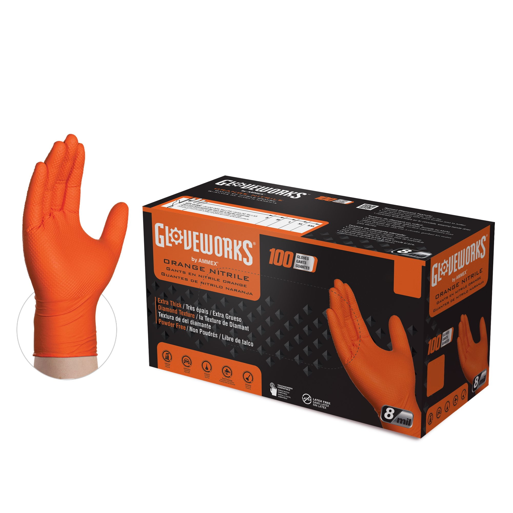 Latex Rubber Free Powder Free AMMEX Medium GWOR44104E0BX Box of 100-8 mil Orange Industrial Nitrile Disposable Gloves GLOVEWORKS HD