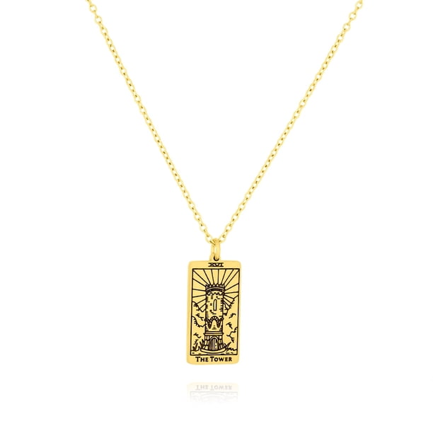 JeenMata Colgante de Tarot Personalizado - La Torre - Joyas Unisex con Colgante de Tarot Bañadas en Oro Amarillo