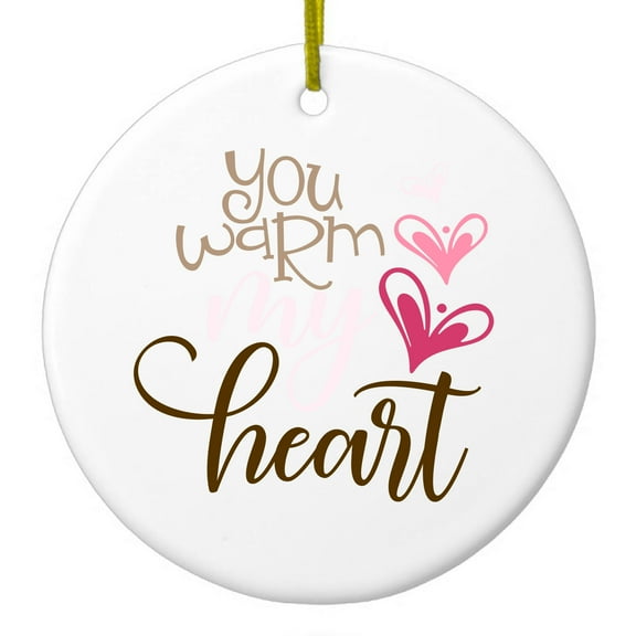 DistinctInk Hanging Ceramic Christmass Tree Ornament with Gold String - Great Gift / Present - 2 3/4 inch diameter - You Warm My Heart - Coffee