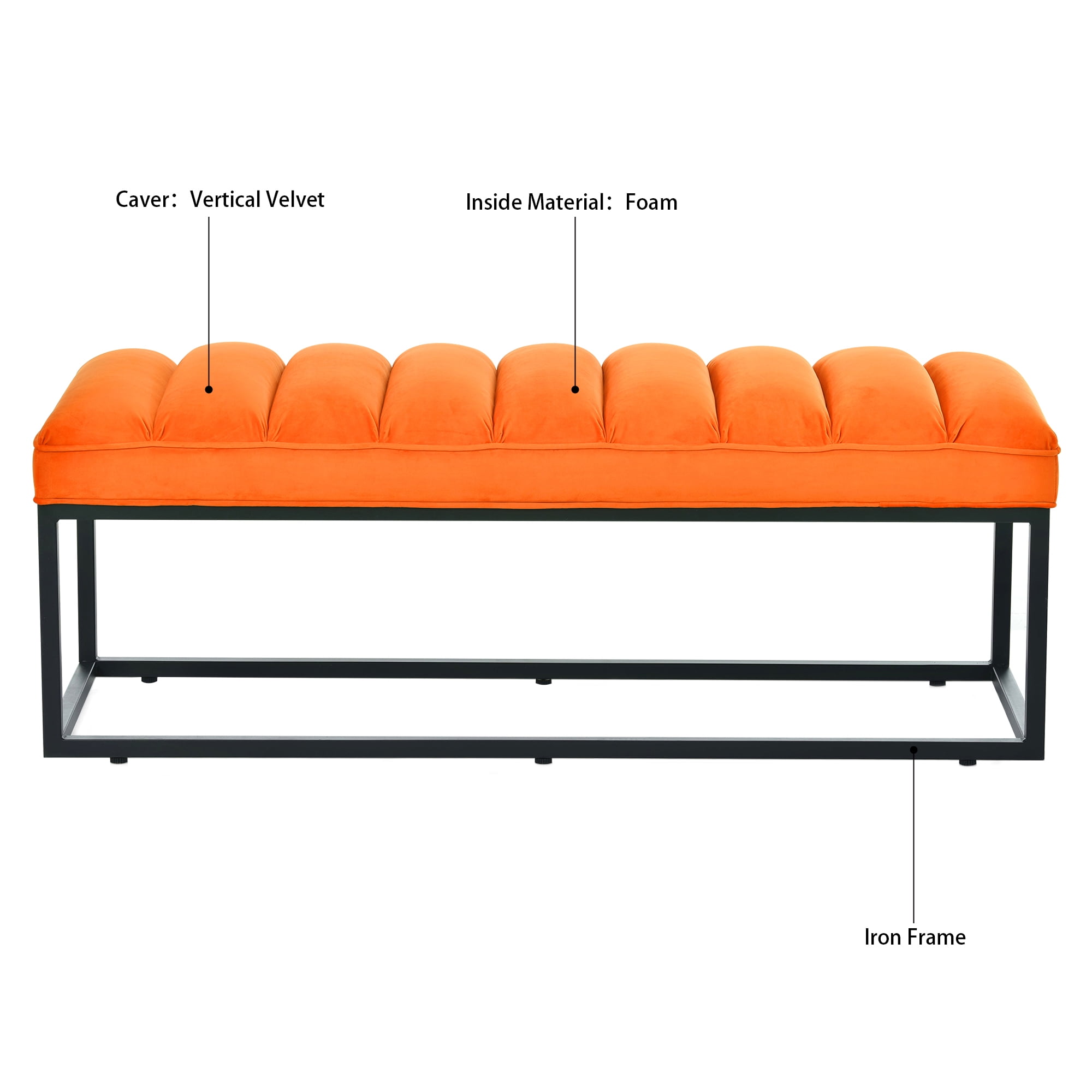 Kadyn Metal Base Upholstered Bench, PU Ottoman Bench for Entryway, Modern PU Bench for Bedroom, Orange