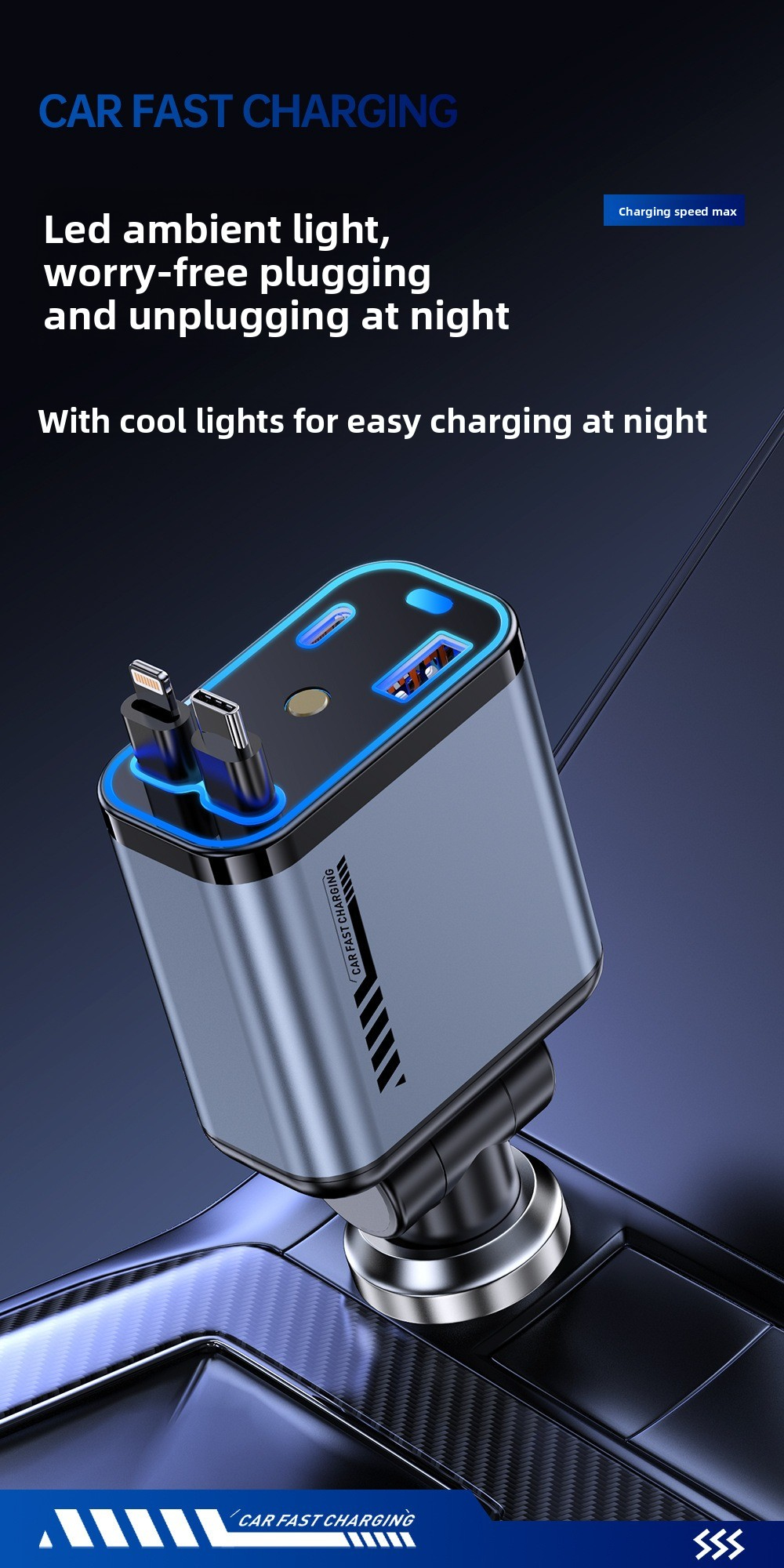 120W USB C Fast Car Charger with PD Quick Charge, 4 in 1 Retractable Cable Cigarette Lighter Car Charger, 180° Rotating Head, for iPhone and Android