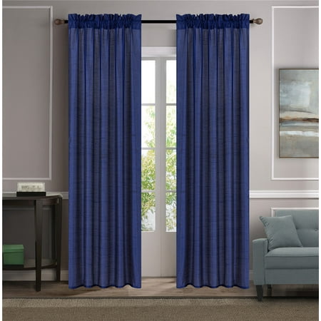 Navy Silk Curtains MR2 NAVY 2-PC SET MYRA Rod Pocket Faux Silk Window Curtain Treatment, Set of Two (2) Solid Semi Sheer Panels 55