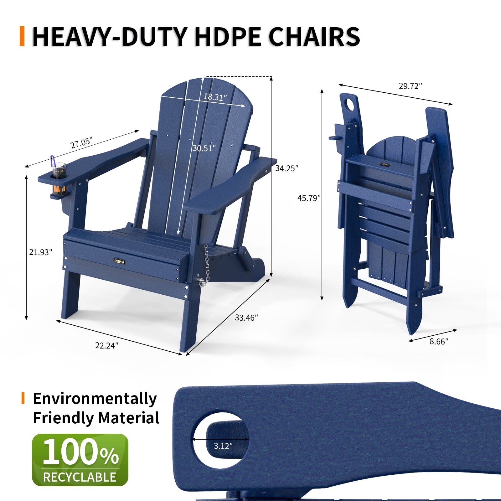 Ktaxon HDPE Adirondack Chairs, Folding & Cup Holder Adirondack Chairs, All Weather Waterproof for Outdoor Patio Garden Pool Lawn Firepit (Blue)