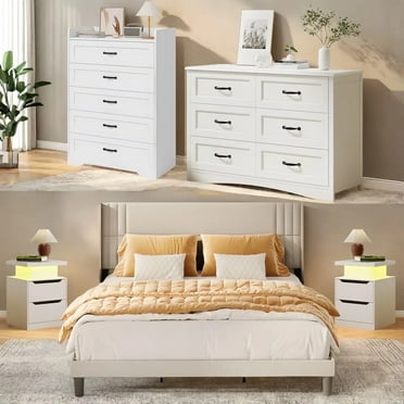 Bedroom Furniture Set, Queen Bed Frame, 2 Nightstands with Charging & RGB Lights, 5-Drawer Dresser & 6-Drawer Dresser for Large Bedrooms