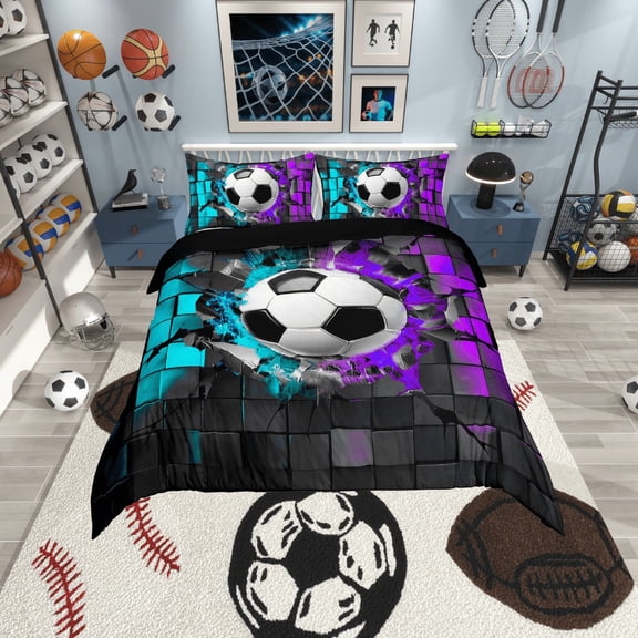 Erosebridal Sport Soccer Comforter Cover Twin,Geometric Buffalo Bedding Twin Size,Blue Purple Duvet Cover Twin,Lightweight Ball Gamer Room Decoration,Reversible,3pcs(No Comforter)