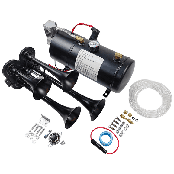 150DB 4 Trumpets Train Horns Kit Super Loud Air Horn with MAX 150PSI 12V Air Compressor Air Horn Compressor 3L 0.8 Gallon Tank | Fit for Any Vehicle Pickup Trucks RV SUV Jeep Or Boat