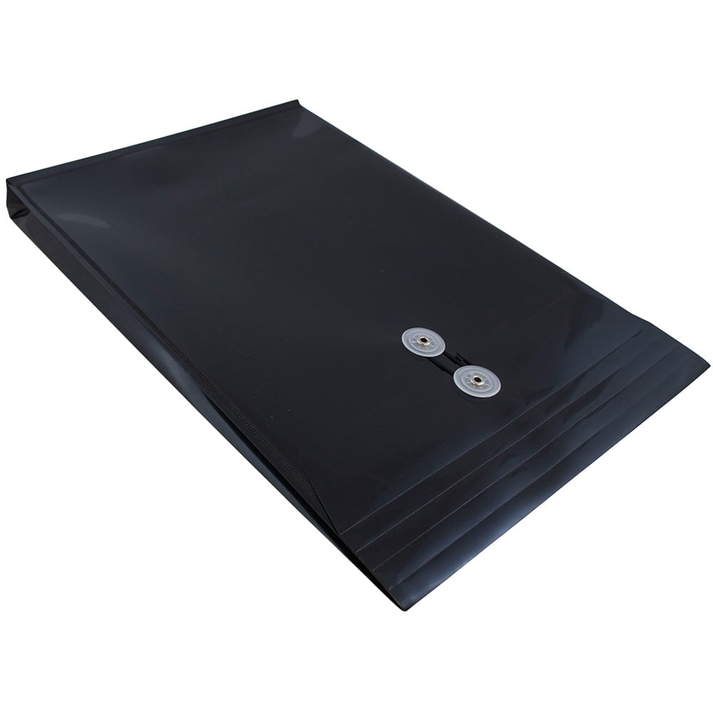 JAM Paper Plastic Envelopes, 9.8x14.5, Black, Button String, Legal Open End, 12/Pack