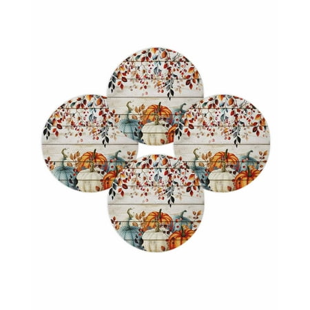 Fall Round Placemats Set of 4 Orange Blue Pumpkin Place Mats Thanksgiving Woven Placemat Berry Eucalyptus Leaf Wood Circle Braided Table Mat for Kitchen Dining Table Autumn Party Home Decor 15 Inch