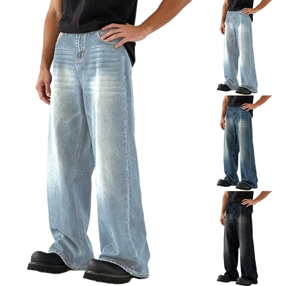 KeShDi Baggy Jeans Straight Leg Jeans Vintage Distressed Ripped Men's Retro jeans Loose Straight Leg Fashionable Wide Leg Pants Men's Casual Denim Pants Black L