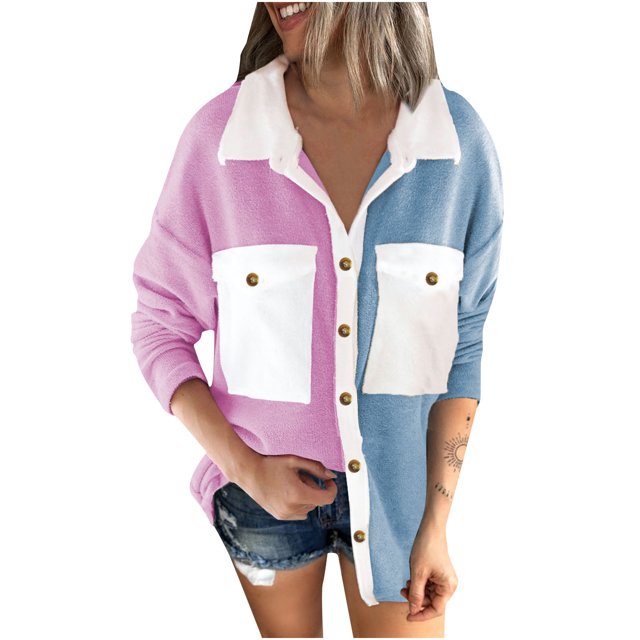 IROINID Veste Courte en Velours Côtelé pour Femmes Col Rabattu Contraste Couleur Manches Longues Décontractée Chaude avec Fermeture Éclair Cardigan, Rose Vif