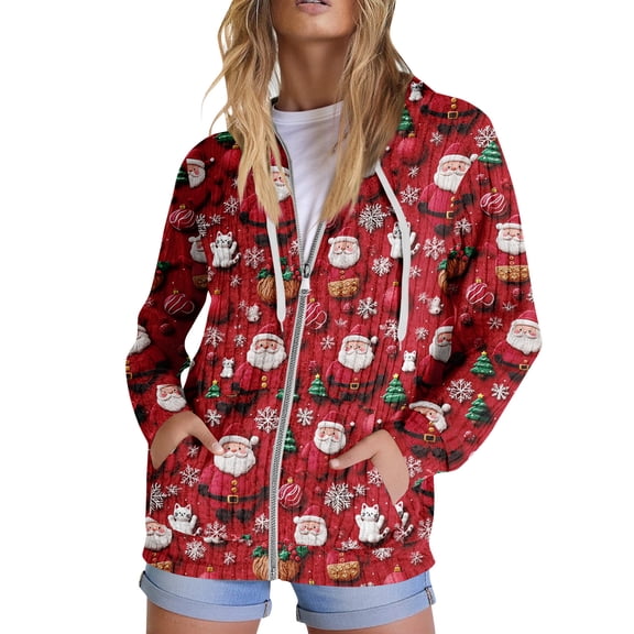 Hoodies for Women, Trendy Tops with Christmas Print, Long Sleeve Sweatshirt with Pockets, Pullover Lightweight for Casual Fall Fashion,Red,S