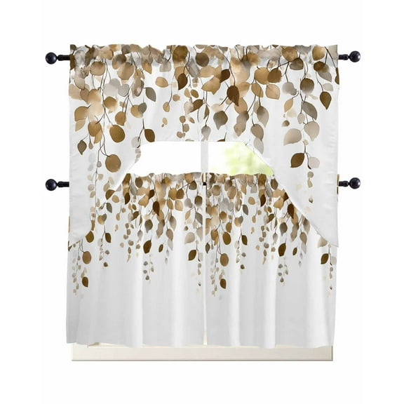 Brown Eucalyptus Leaves Kitchen Curtains Sets 24 Inch Length with Valance, Summer Watercolor Leaf Swag Valances and Tiers Curtain Set Drapes Swag Curtains for Living Room, Bathroom, Bedroom, Cafe