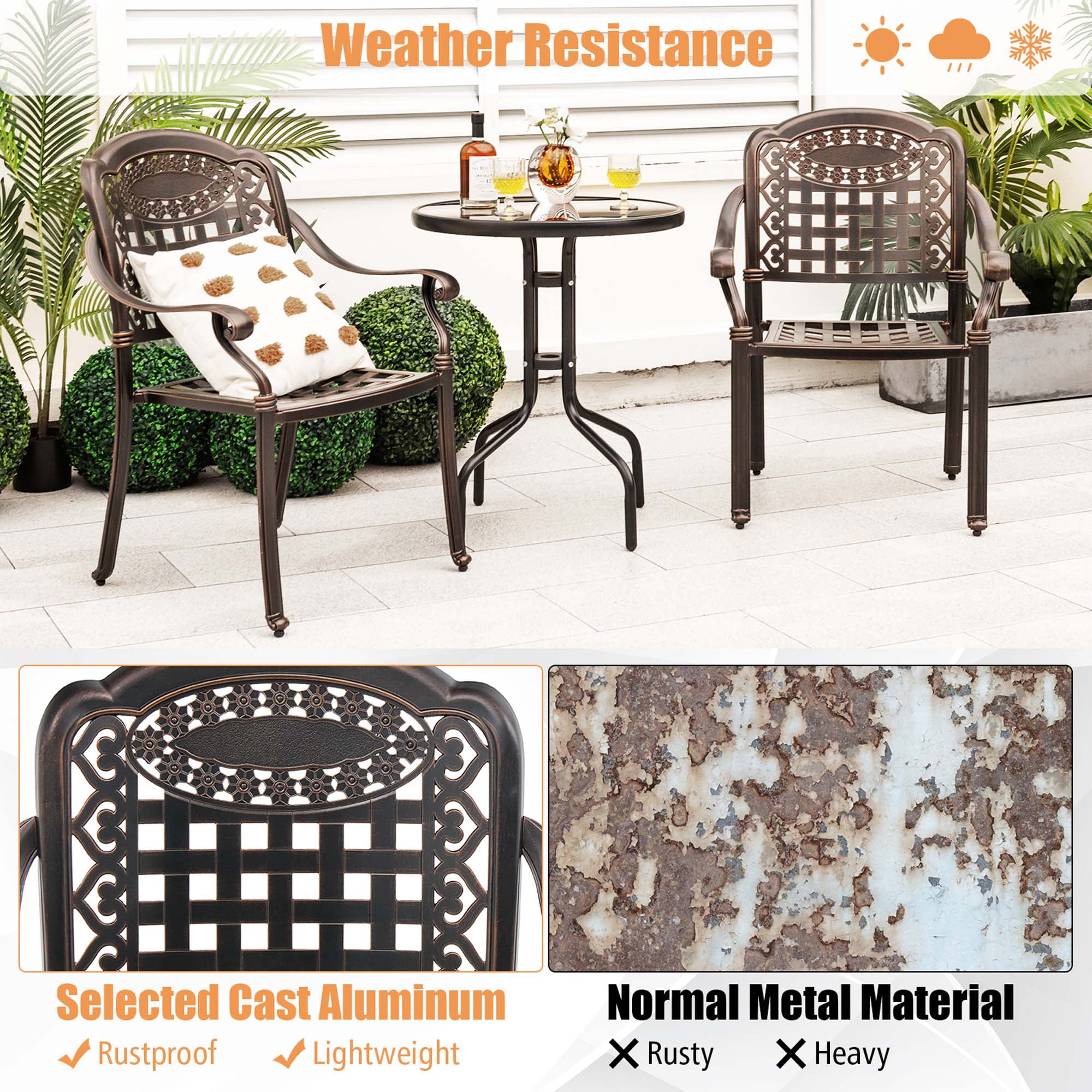 Costway 2pcs Patio Cast Aluminum Armrest Chairs Dining Stackable Outdoor Bronze