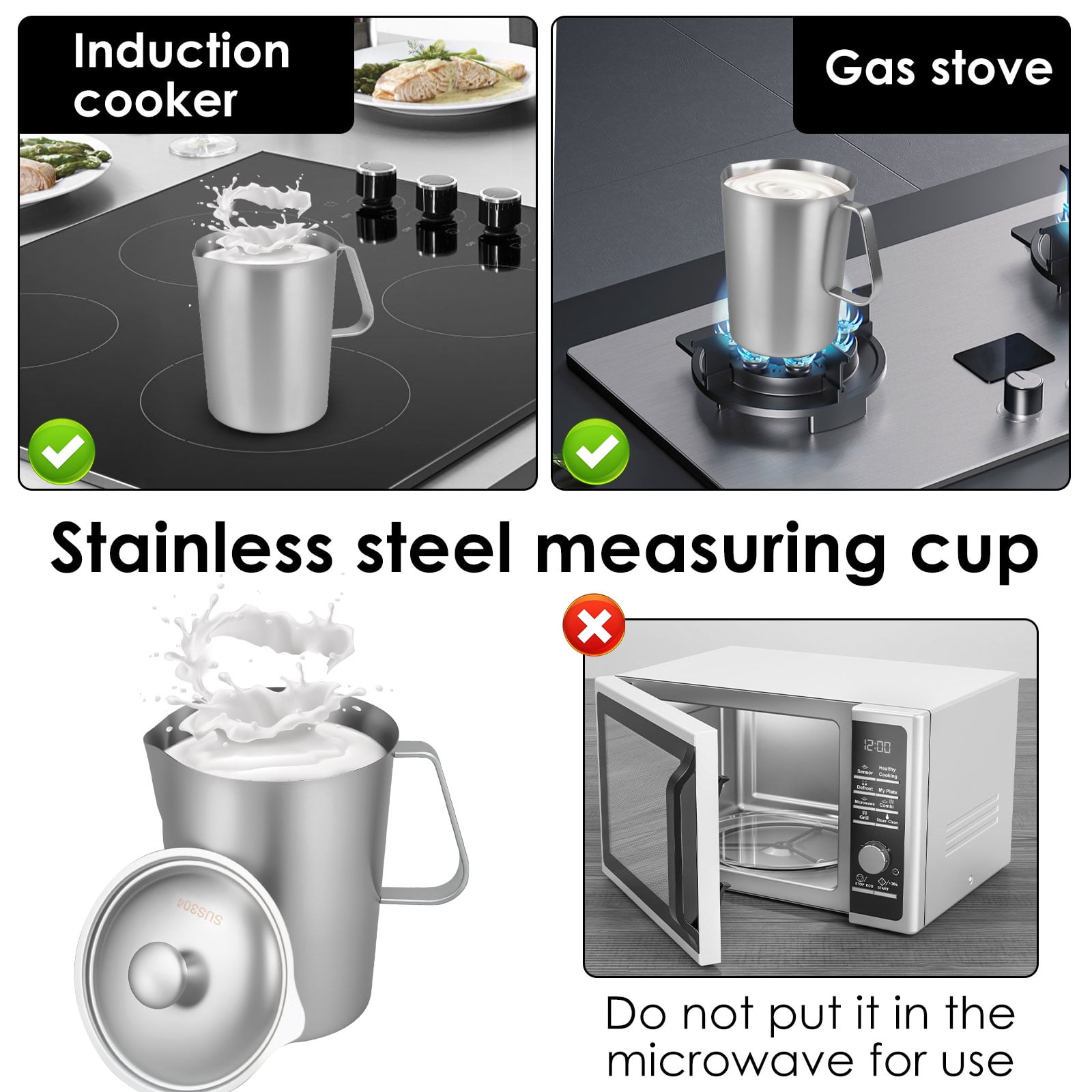 Stainless Steel Measuring Cup 70 oz Milk Frothing Pitcher with Lid, 2L Metal Water Jug Carafe with Engraved Markings for Coffee Espresso Machine