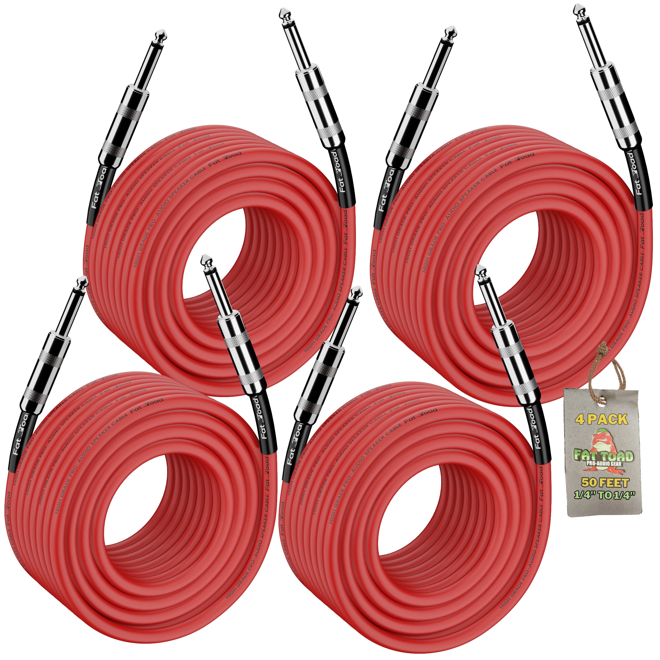 50FT PA Speaker Cables (4 PACK) | Fat Toad Pro-Audio Wire Quarter Inch Male Jack