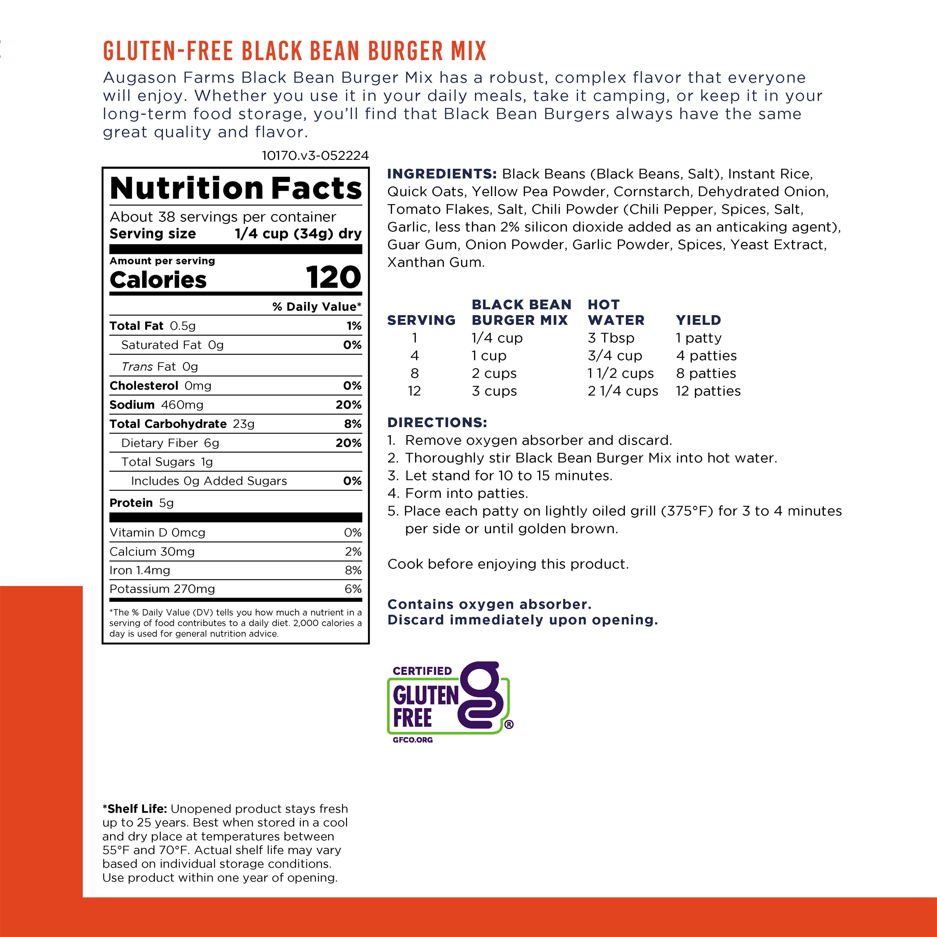 (3 pack) Augason Farms Black Bean Burger Mix Can, Certified Gluten Free, Emergency Food Supply, Everyday Meals, 38 Servings