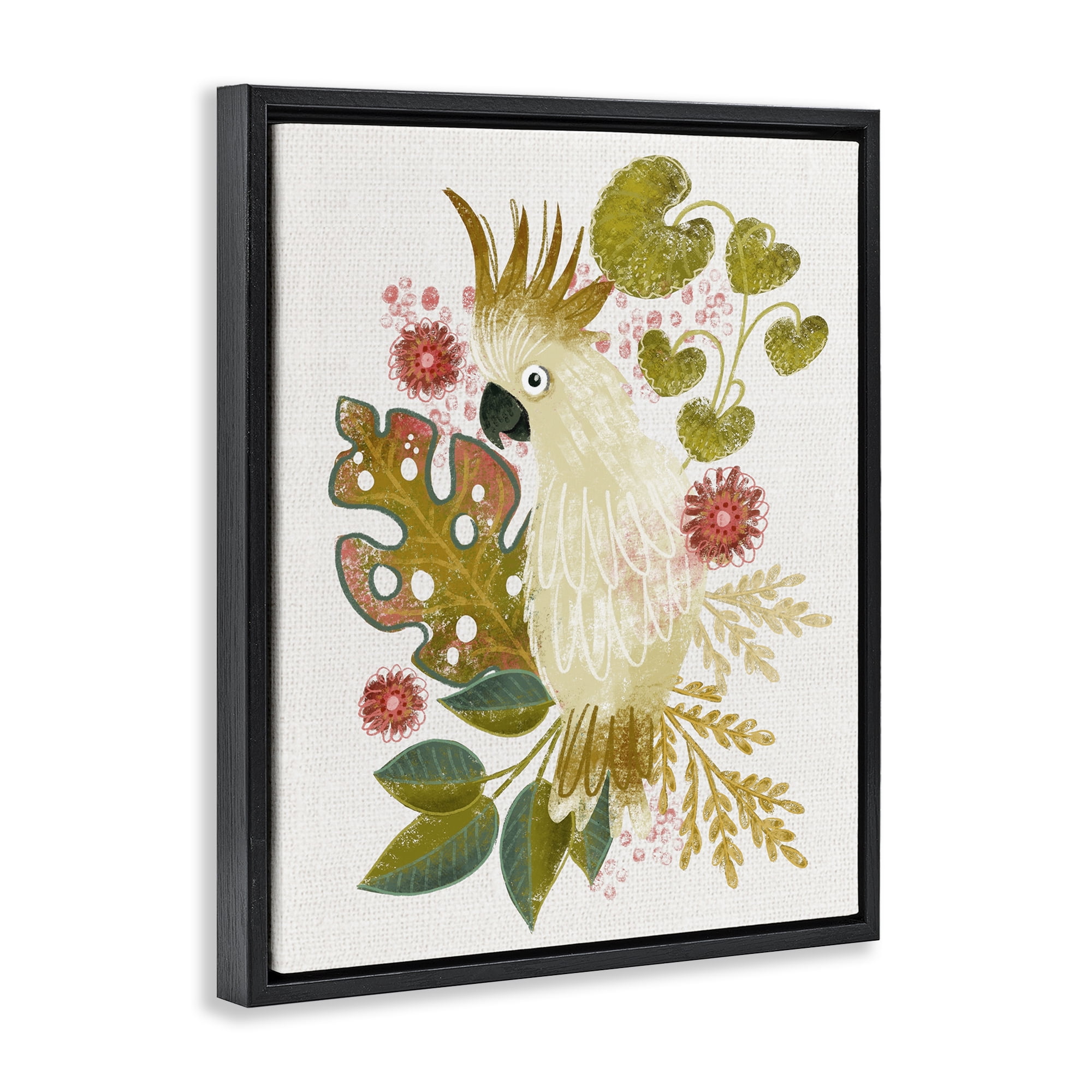 Stupell Industries Cockatoo & Tropical Leaves Animals & Insects Painting Black Floater Framed Canvas Art Print Wall Art, 17 x 21