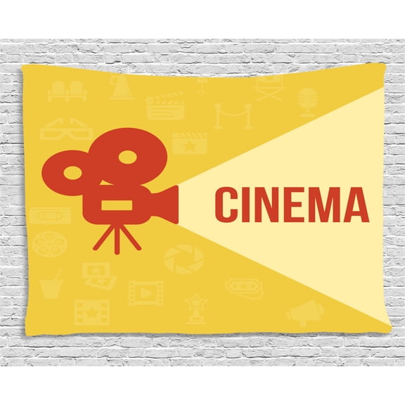 Movie Theater Tapestry, Projector Silhouette with Cinema Quote Movie Symbols Background, Wall Hanging for Bedroom Living Room Dorm Decor, 60W X 40L Inches, Dark Coral Beige Yellow, by Ambesonne