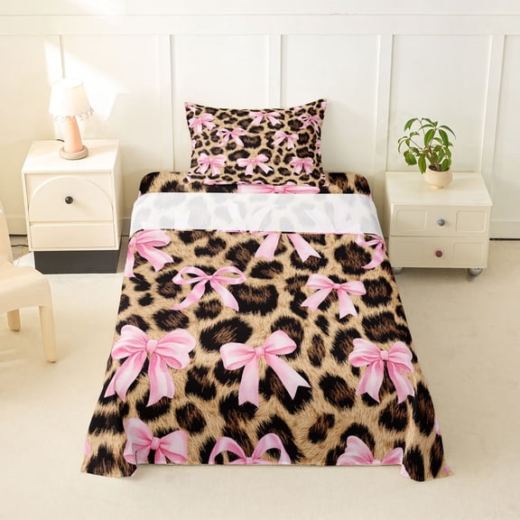 spefrowx Leopard Print Bow Twin Sheets for Kids, Pink Brown Ribbon Bedding, 3 Pieces, 1 Flat Sheet, 1 Fitted Sheet and 1 Pillowcase