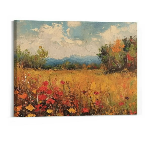 BCIIG Halloween Autumn Fall Wall Art Wildflower Canvas Print Vintage Fall Landscape Pictures Wall Decor Thanksgiving Canvas Art Orange Flower Artwork Rustic Fall Posters Warm Fall Wall Art20x16in