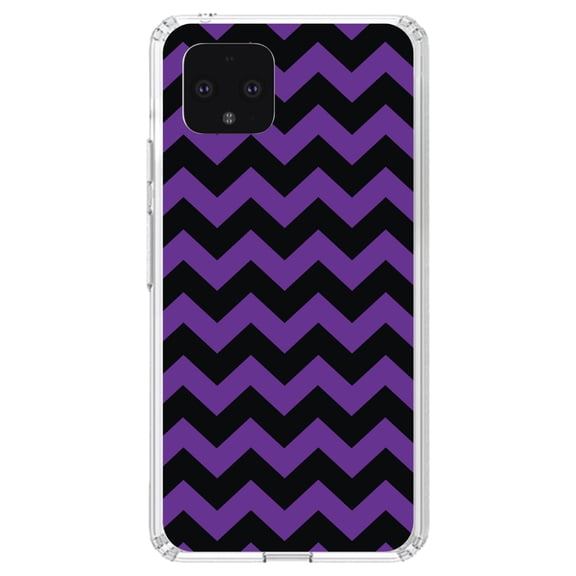 DistinctInk Clear Shockproof Hybrid Case for Google Pixel 4 XL (6.3" Screen) - TPU Bumper, Acrylic Back, Tempered Glass Screen Protector - Black Purple Chevron Stripes - Chevron Stripes Pattern