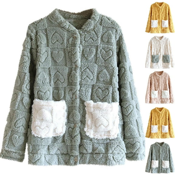 FRSASU Women Fuzzy Fleece Jacket Pajama Tops V-Neck Button Down Sleepwear Long Sleeve Plush Warm Winter Coat with Pockets Yellow