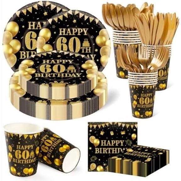 350PCS 60th Birthday Party Decorations for 50 Guests Black and Gold Party Supplies Include Disposable Paper Plates, Napkins, Cups, and Tableware