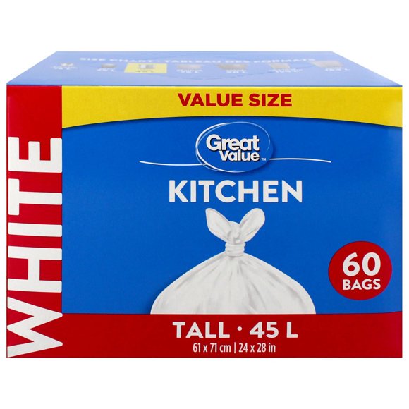 Great Value Tall Kitchen Garbage Bags, 45L , 60bags