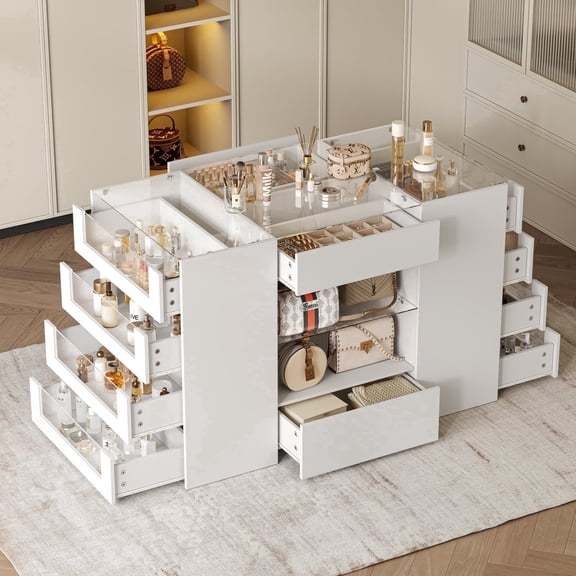 46.9'' W 12-Drawer Closet Island with Glass Top, Modern Storage Dresser for Bedroom, Closet, Living Room