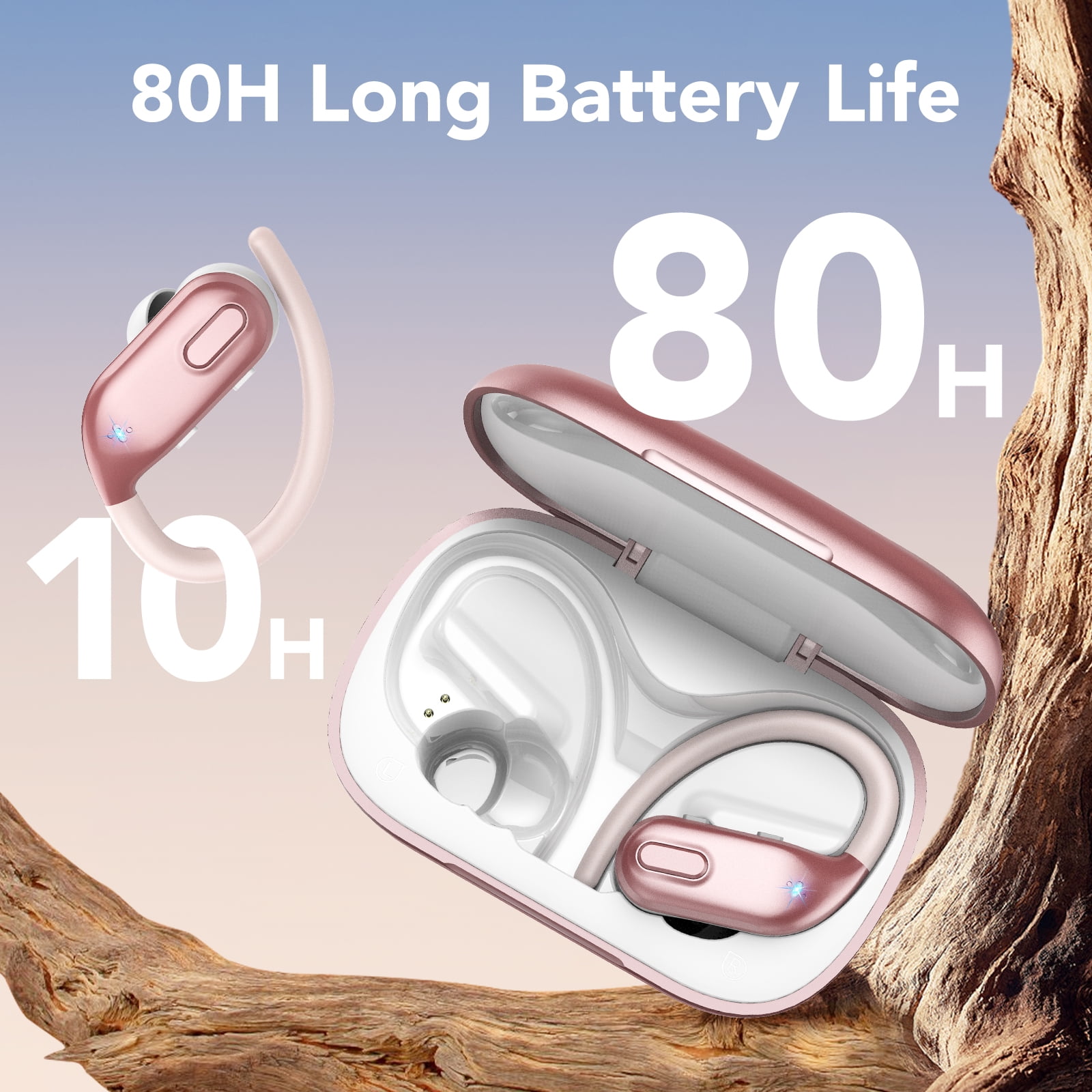 Wireless Earbuds, Bluetooth 5.3 Sport Headphones with Earhooks, 80Hrs Playtime, 3D HiFi Stereo, Noise Cancelling Mic, IP7 Waterproof Workout Earphones for Running Gym, iOS/Android, Rose Pink