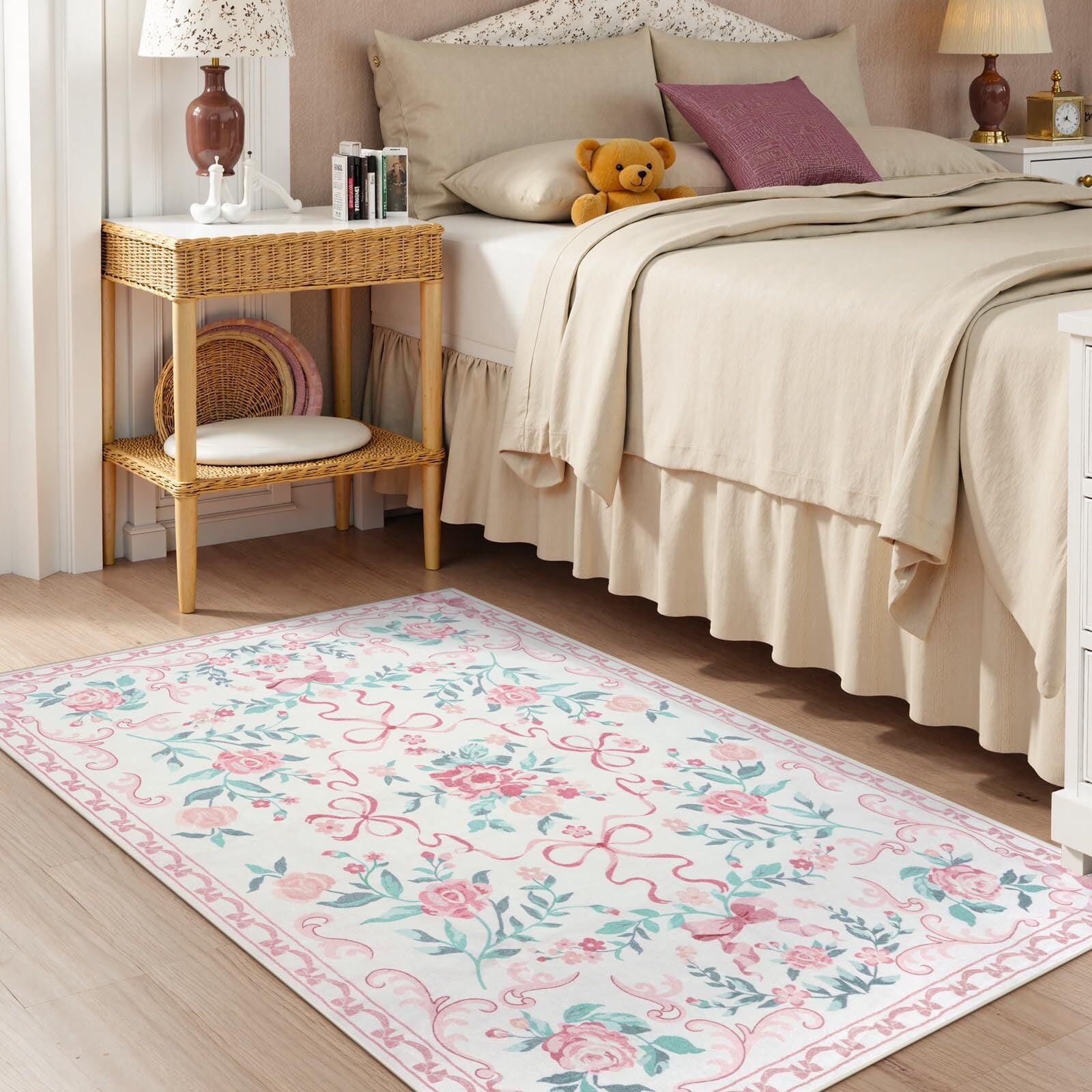 Wonnitar 3'x 5' Floral Area Rugs for Bedroom, Cute Bow Pink Rugs for Kids Room, Washable Accent Rugs Non Slip Low Pile for Nursery Room, Playroom, Vanity Room