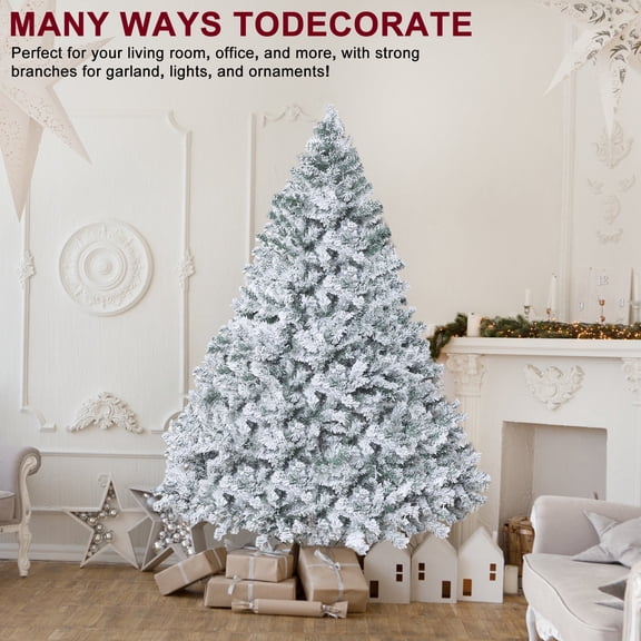 6.9ft White Flocked Artificial Christmas Tree, Snow Christmas Holiday Pencil Tree, Winter Party Decoration with Realistic Branch, Reinforced Base