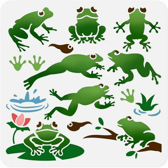 Jumping Frog Stencil for Painting 11.8"x11.8" Reusable Plastic Tadpole Animal Stencil Drawing Template Summer DIY Craft Paint Template for Wall Home Decor Wood Burning Card Journal