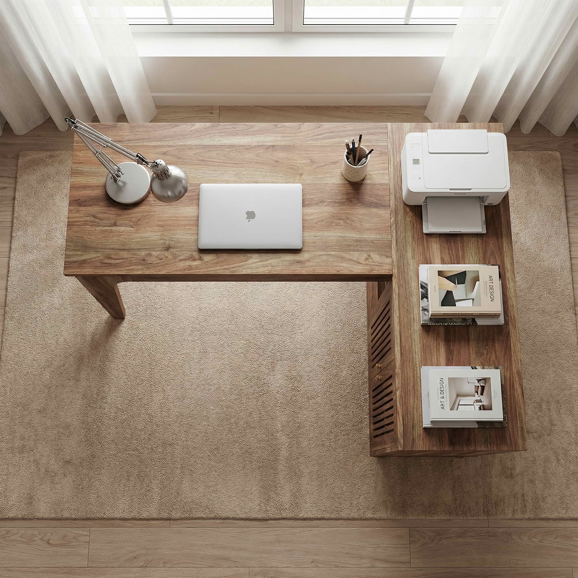 MAYEERTY 41" L-Shaped Corner Desk, Modern Minimalist Wooden Workstation with 2 Open Shelves & Lateral Cabinet